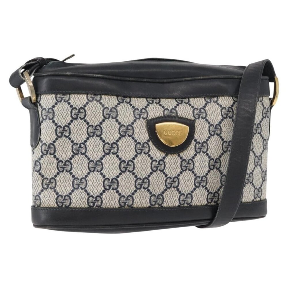 Authentic GUCCI GG Supreme Shoulder Bag PVC Leather Navy Gold